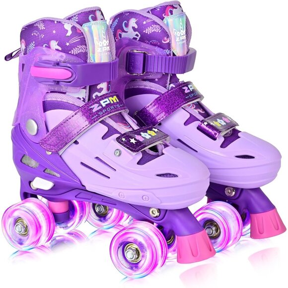 Kids Purple Light Up Wheels Adjustable Youth Plastic Roller Skates Shoes